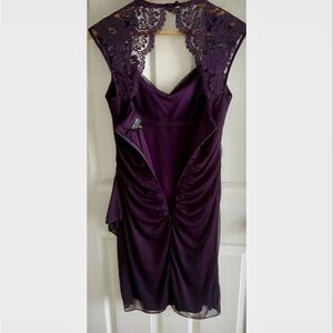 Xscape By Joanna Chen Size 6 Midi Deep Purple(Plum) Lace Neckline Evening Dress